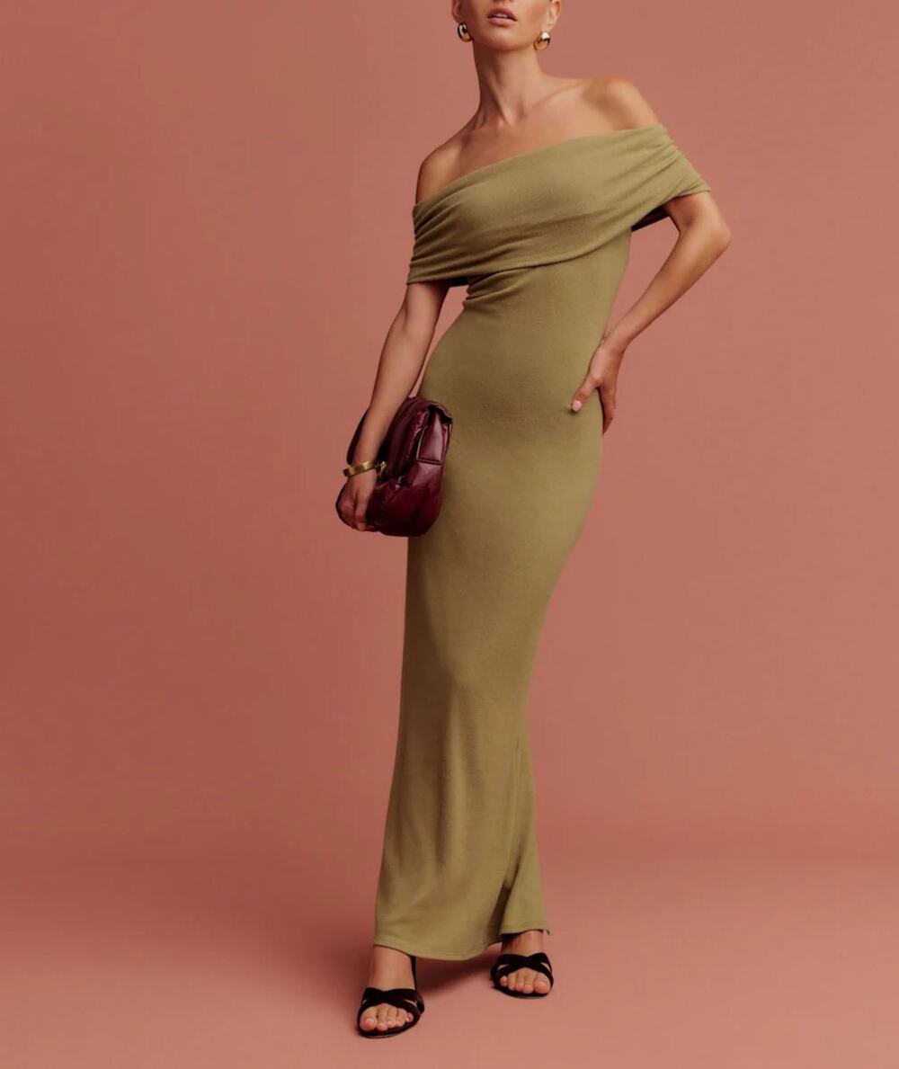 Reformation Josefina Knit Maxi Dress XL / US 12 Gold Coin Off The Shoulder NEW